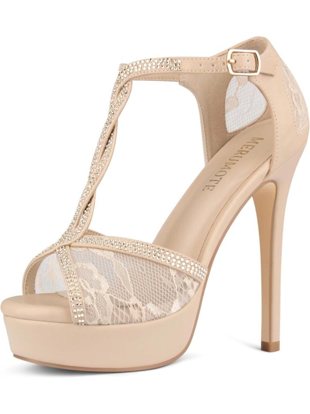 Women's Nude Matte Peep Toe Platform Stilettos Sparkly Rhinestone Lace Heels